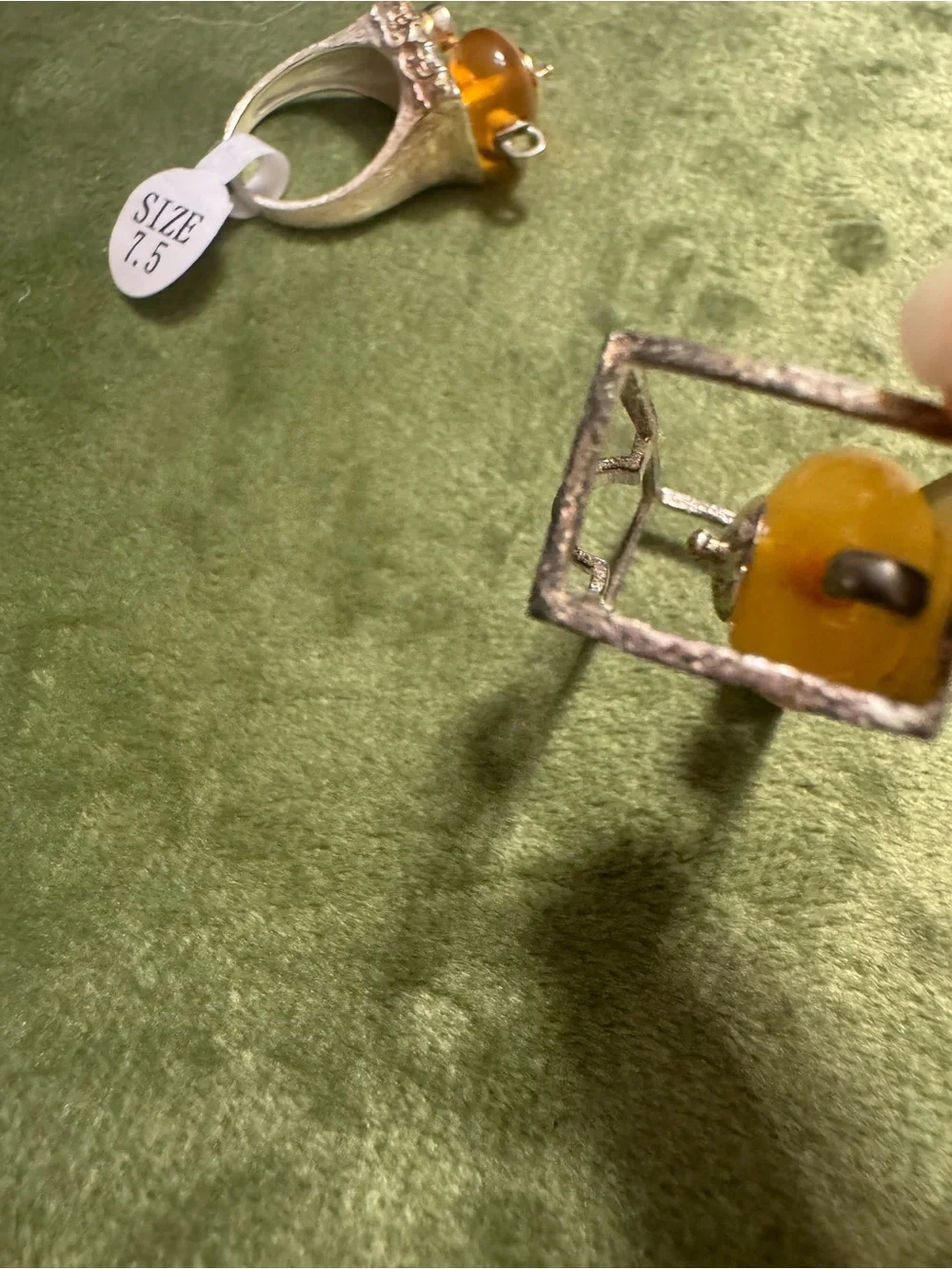 Lotus Fun Artisan 925 Silver Amber Teapot Ring 7.5 & Pendant Set